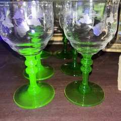 Set of 6 Tiffin Glasses with Etched Designs & Dark Green Uranium Stems Vintage