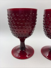 Vintage Ruby Red Hobnail Glass Goblets Set of 2 Pedestal Wine Water Glasses