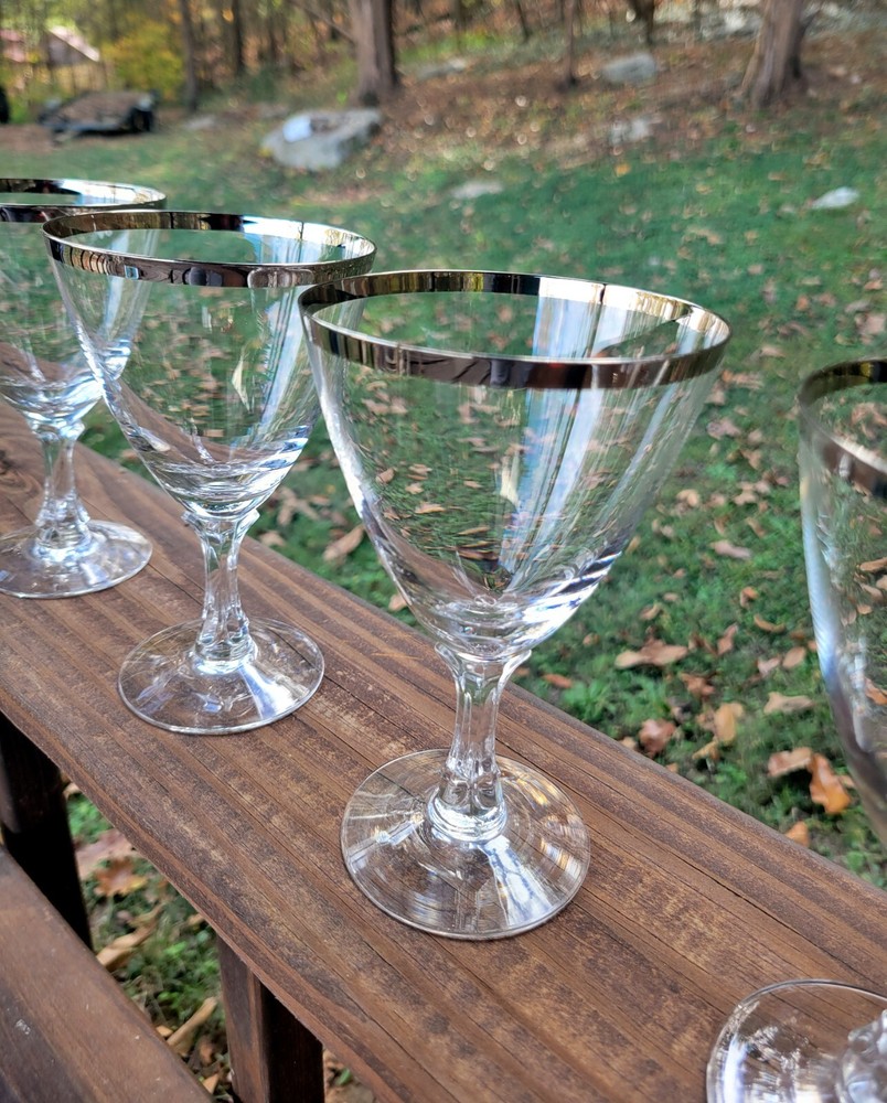 Mid Century VTG Fostoria Crystal Platinum Band Wedding Ring Water Wine Goblets 4