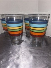 Set Of 4 Vintage Libbey Fiesta Mambo Rainbow Striped Tumbler/Pint Glasses