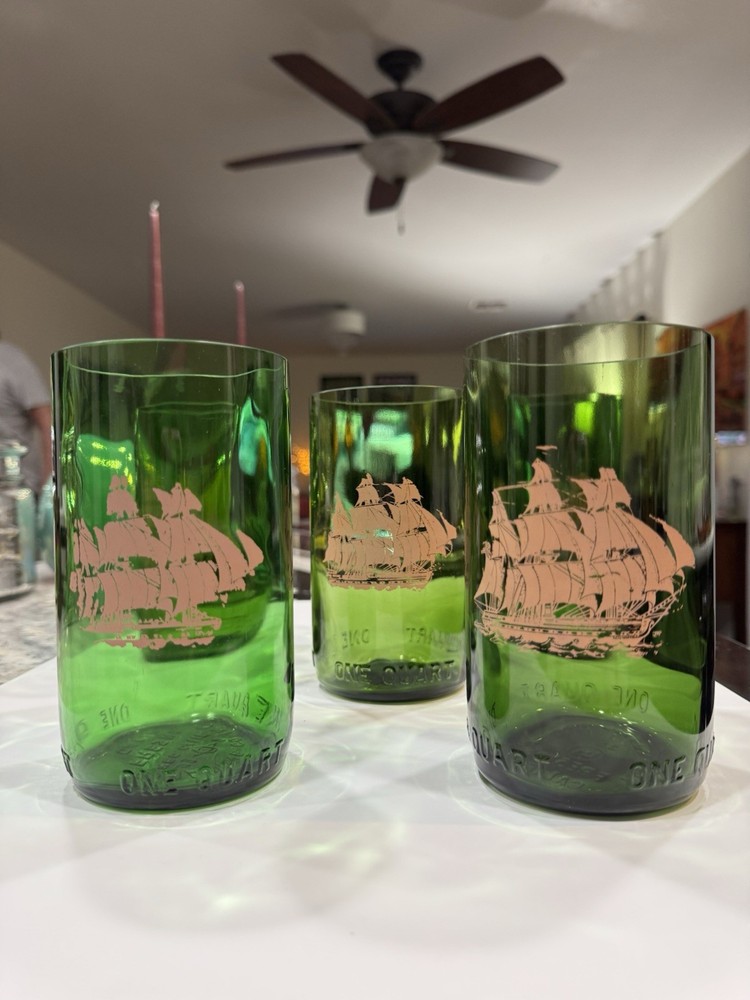 Vintage Nautical Ship Glass Tumblers. Etched Sailing Ship. Emerald Green