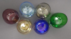 Six Moser Styled Brandy Stems Cobalt Blue, Green, Yellow, Amethyst, Smoke, Blue