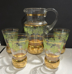 Vintage pitcher and 4 glasses set green grape vines and gold trim