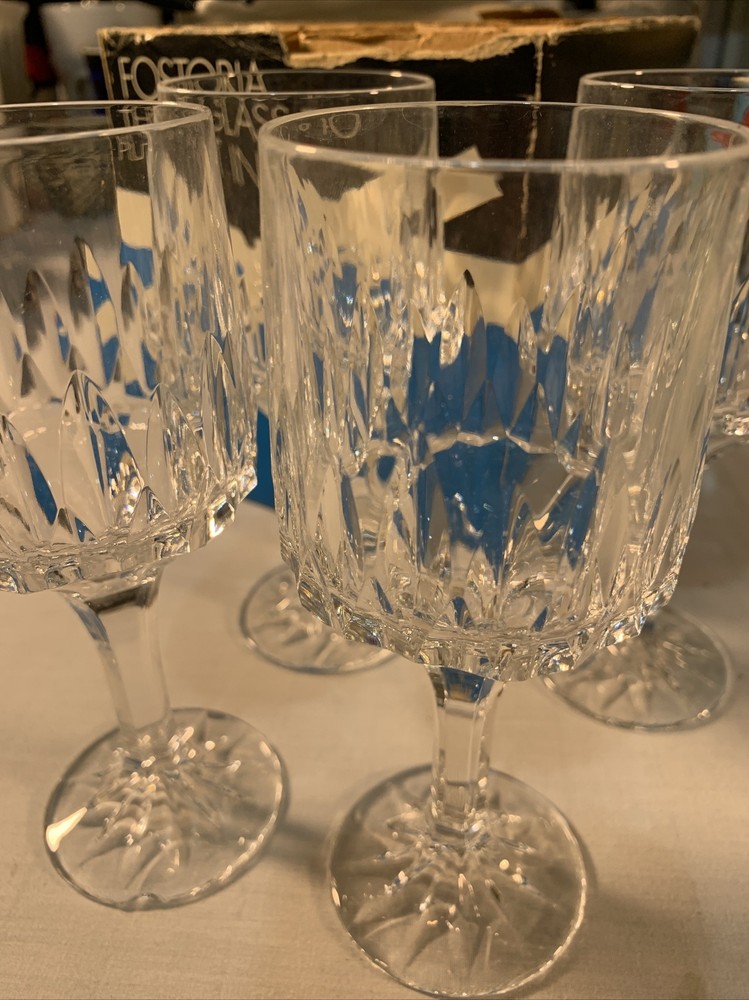 4 FOSTORIA Wine Glass-Greenfield Clear Heavy Lead – holds 5 oz – 6 in tall.