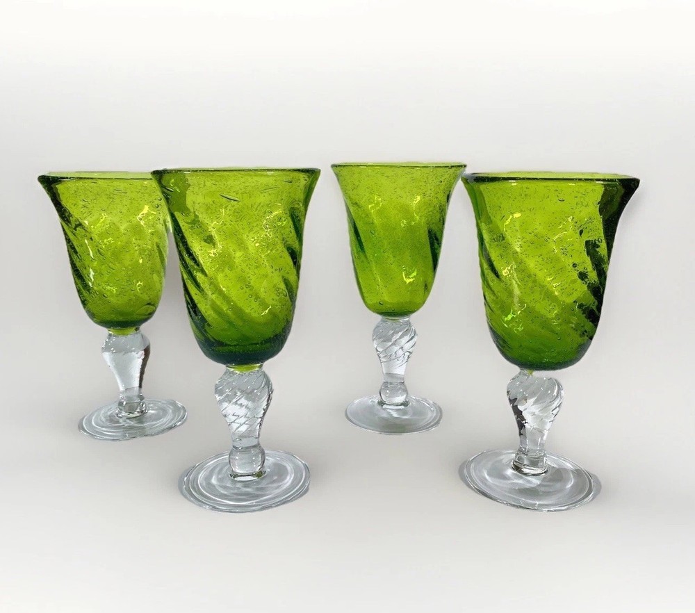 Pier 1 Green Mouth-Blown Glass Goblets, Set of 4, Bubbles & Swirl Pattern, 7.75″