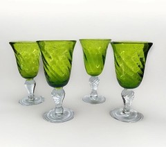 Pier 1 Green Mouth-Blown Glass Goblets, Set of 4, Bubbles & Swirl Pattern, 7.75″