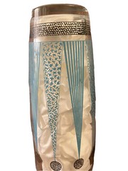 VTG COCKTAIL MIXER/SHAKER GLASS TURQUOISE STRIPES/CIRCLES MOTIF MCM BARWARE 10”H