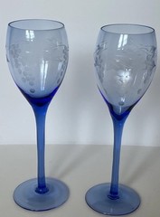 Vintage Handblown Blue Etched Wine Glasses (2) Grapes / Leaves 8 Inches