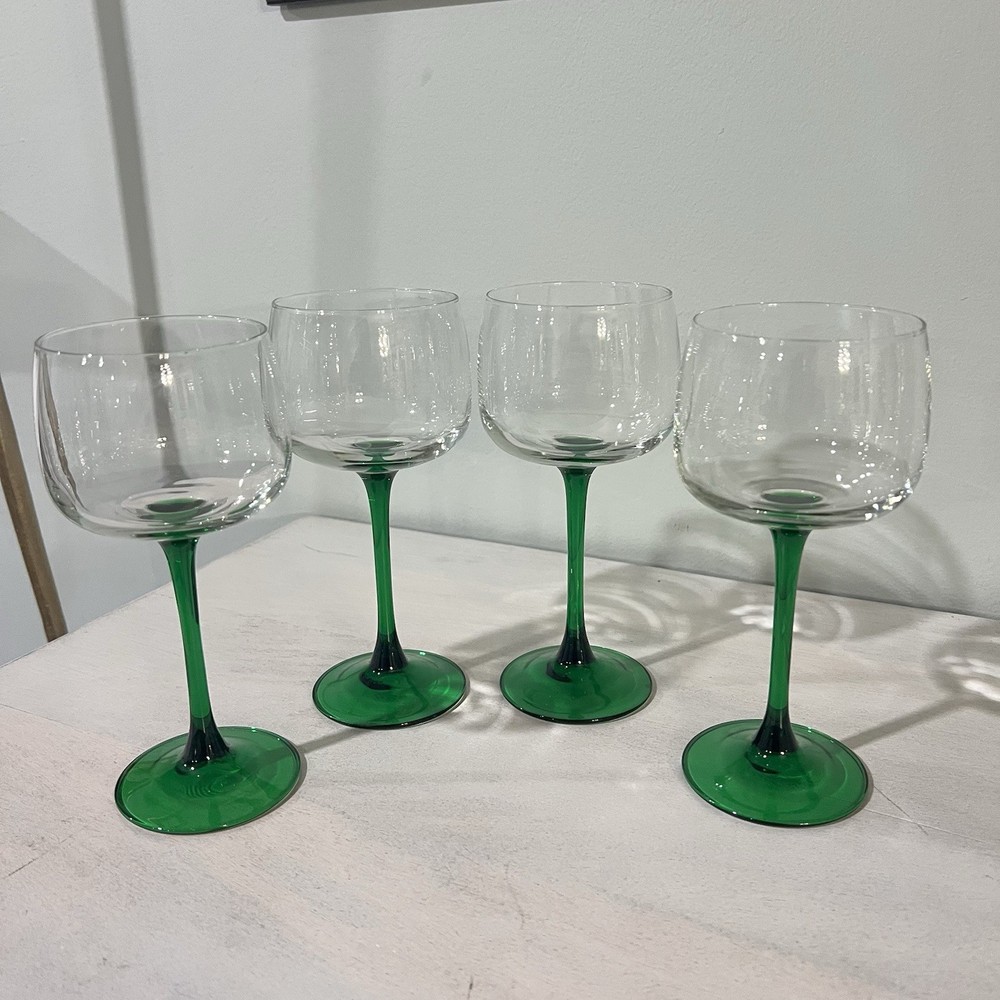 French Green Stem Wine Glass Set-Made In France 4 Luminarc 7 inches