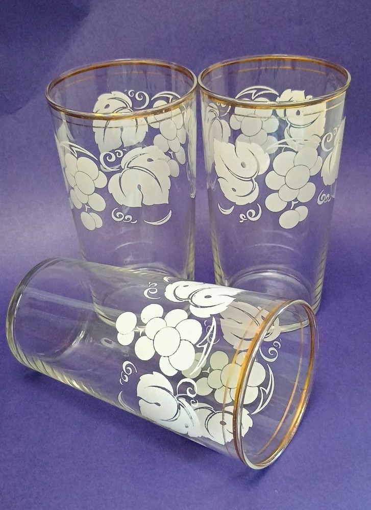 3 Vintage Tumbler Water Glasses 1960s-80s White Grapes Gold Trim 6»