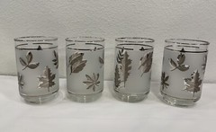 Vintage MCM Libbey Frosted SILVER Foliage Leaf Tumbler 4.5″ Glasses SET Of 4
