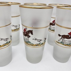 Set 7 Frosted Highball Glasses Horse Jockey Hunt Scene Gold Rim Vintage
