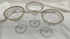 3 Vintage Hollywood Regency Optic Glass Gold Band Stripes Cocktail Glasses