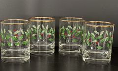 Set of 4 Lenox Holly Berry Gold Rim Holiday 12 oz Double Old Fashion Glasses