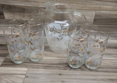 7 Vtg. Clear Glass Drinking Glasses Gold Flower and White Leaves W/ Pitcher