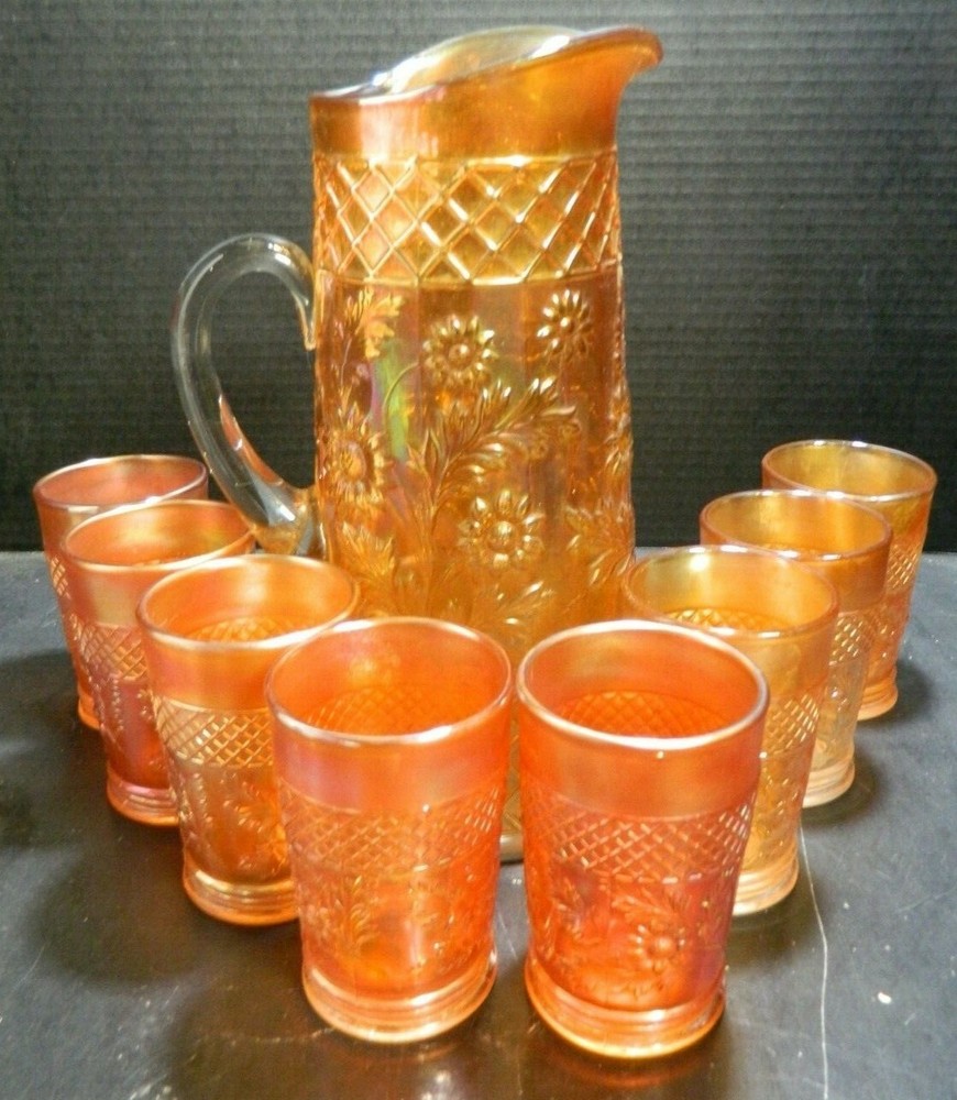 Vintage (9) Piece Dugan Carnival Glass Daisy Lattice Water Set Excellent Cond