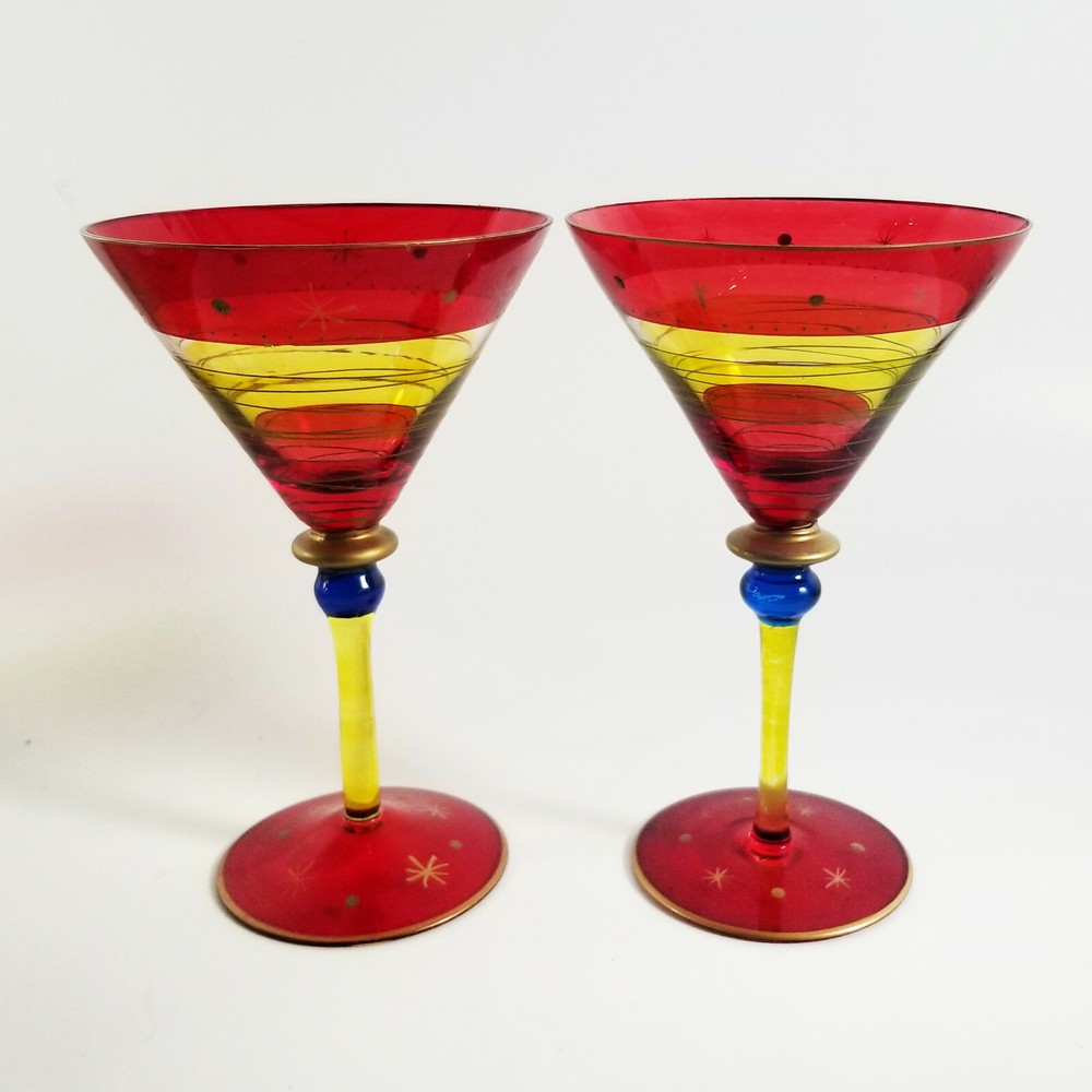 2 Pier One Festive Martini Glasses Red Stripe Hand Blown Glass Star Dot Pattern
