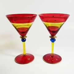 2 Pier One Festive Martini Glasses Red Stripe Hand Blown Glass Star Dot Pattern