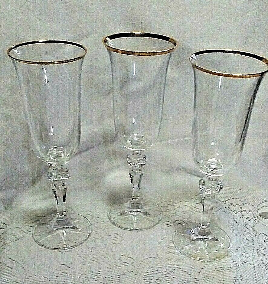 3 Gold Rimmed Tulip 8″ Champagne Glasses-Diamond Shape Bulb Top on Column Stem