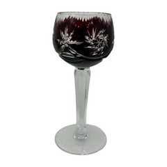 Vintage Bohemian Crystal Wine Goblet Hand Cut Dark Garnet Ruby Red Floral Design