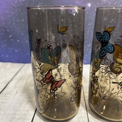 VTG 2 Libbey Amber Monarch Butterfly and Wheat Tumblers Glasses 16oz