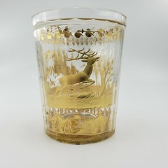 1740-80 Antique Bohemia Zwischengold Glass Cup Hunting Scene Beaker Goblet 18th