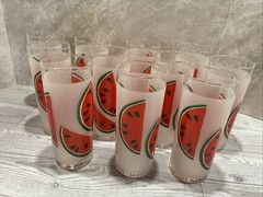 Libbey Watermelon Retro High Ball Glasses/Tumblers~12oz (11) w/Box Frosted Glass