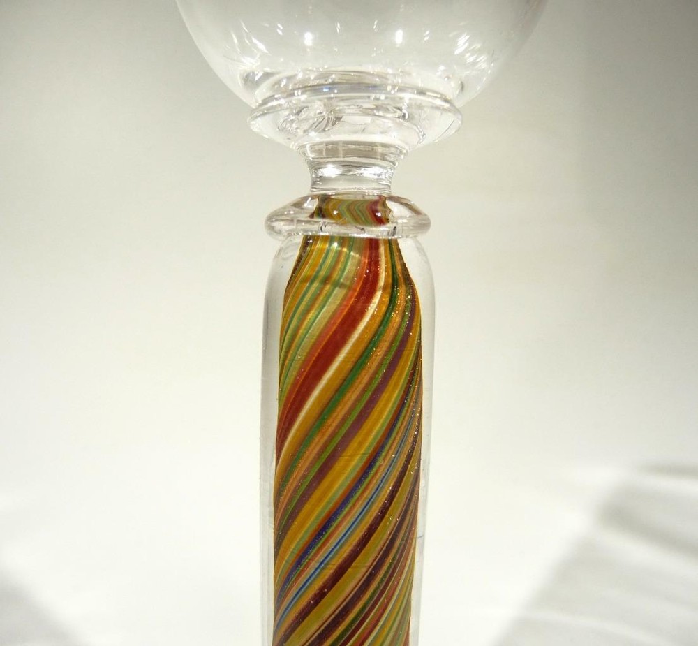 HAND BLOWN GLASS GOBLET, DIRWOOD GLASS, CLEAR + GOLD RED BLUE SPARKLES, n3649