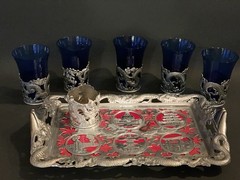 5 Vintage Cobalt Blue Cordial glasses w Tray Art Deco Silver Color Tray 4”
