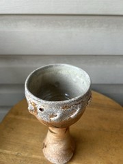 Vintage Primitive Tan Swirl Wood Fired Art Pottery Chalice Goblet 8” Signed