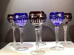 Six (3 Blue And 3 Ruby) Cut To Clear Hock Wine Glasses 8 3/8” Lead Crystal
