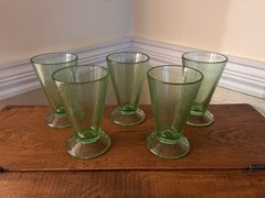 Green Depression Glass Uranium Crackle Textured Pedestal Tumblers Set Of 5