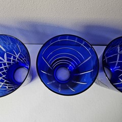 4 Cobalt Blue Cut To Clear Glasses Tumblers All Different Cut Patterns 4.75″