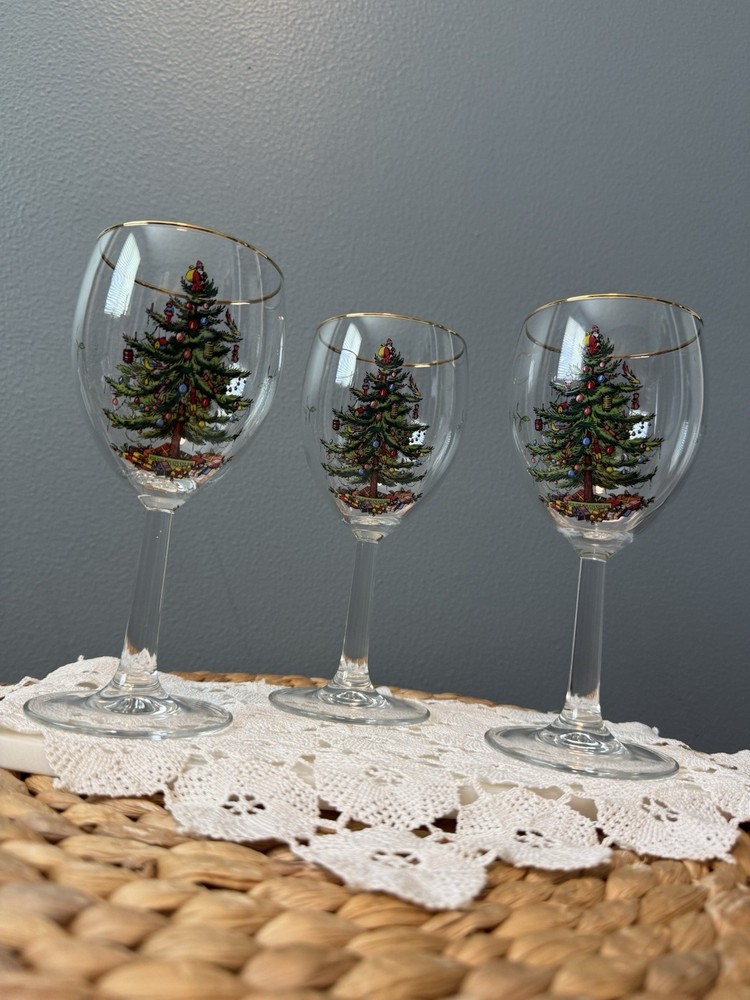 Set 3 Spode Christmas Tree Stemmed Wine Glasses Gold Rim Holiday – Pristine