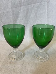 2 Vintage MCM Anchor Hocking Bubble Foot Green Glass Goblets 4.75”