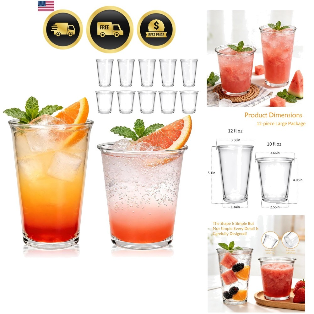 Highball Glass Set 12oz 10oz Stackable Tumblers Drinkware 12 Piece