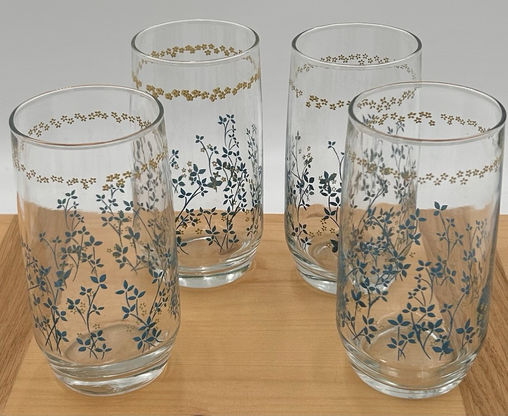 Vintage Retro Floral Drinking Glasses Set 4 Blue Mustard Yellow Tumblers 12 Oz