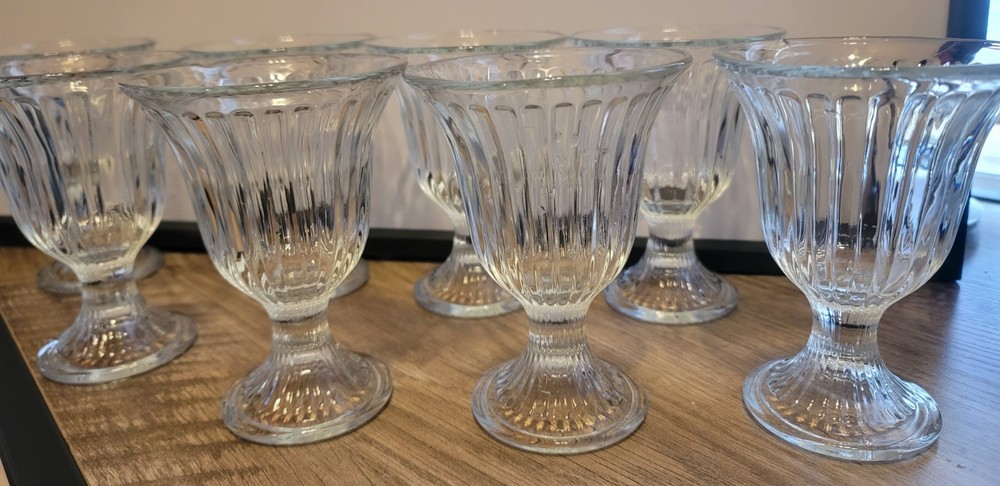 Vintage Rippled Rim 8 Glass Goblets Heavy Glass Pedestal