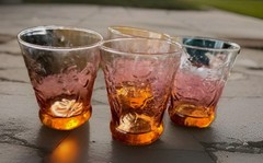 4 Vintage Amber Embossed Floral Glassware Set – Mid-Century Floral | 12 Oz