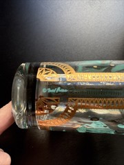 (4) Fred Press Signed Turquoise Trojan Horse Highball Gold Gilded Glasses MCM