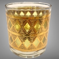 Set Of 2 Gold With Gold/Green Glass Cocktail Low Ball Dbl Rocks Glasses MCM Vtg