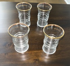 Anchor Hocking Set of 4 1940s Gold Rimmed Ribbed Center Juice Glasses