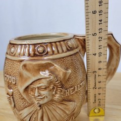 Vintage Ceramic Relief Beer Stein Mug «Good Health» Cavalier Musician Brown 4.5″