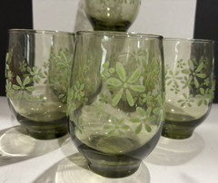 Vintage Libbey Green Mint Bouquet Daisy Pattern Set of 7 Tumblers Glass