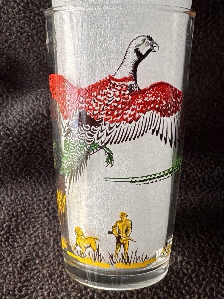 Hazel Atlas 1950s Pheasant Hunting Dog Tumbler Glass 5.25″ tall 12 oz
