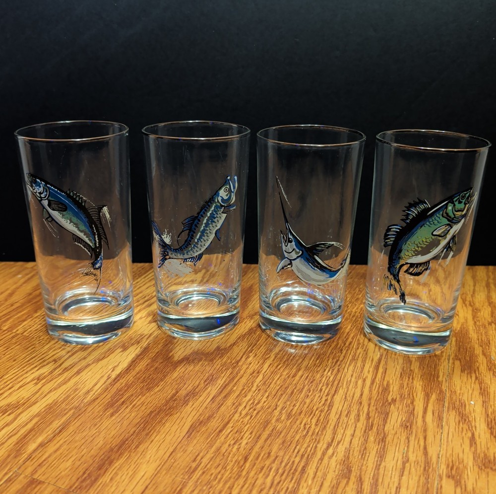 ​Vintage Mid Century Game Fish Highball Glasses Signed Set of 4