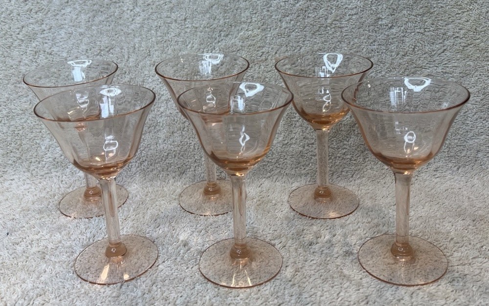 6 Pink Vintage Depression Swirl Optic Champagne Sherbet Glasses Set