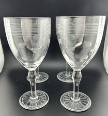 Vintage, Etched, Stripes and Dots, Clear, Stemmed, Glass Cordial, Set of 4