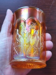 Pretty Marigold Northwood Carnival Glass Singing Birds Pattern Tumbler