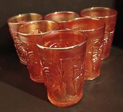 Fenton Glass! Carnival Glass 4″ tall 3″ dia Tumblers Marigold Butterfly & Berry!